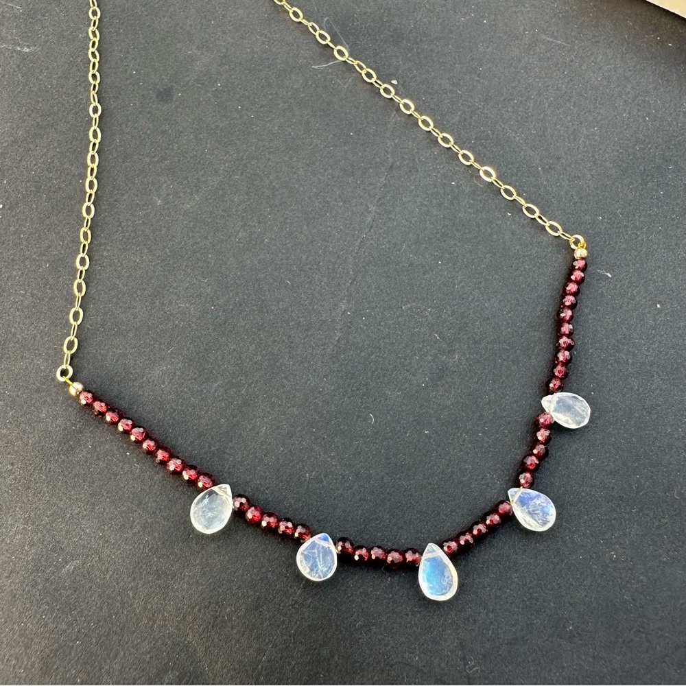 Moonstone Garnet Necklace 14k Gold Filled Beaded Necklace